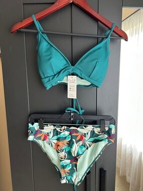 Cupshe Teal Floral Bikini Set Scalloped V Neck Lace Up Low Waisted Bathing Suit